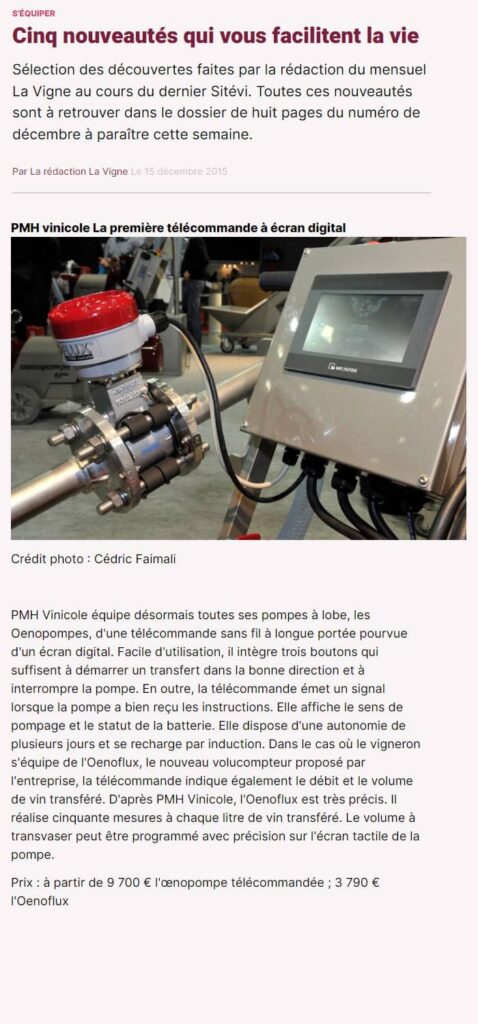 La Vigne Oenopompe premiere telecommande ecran digital